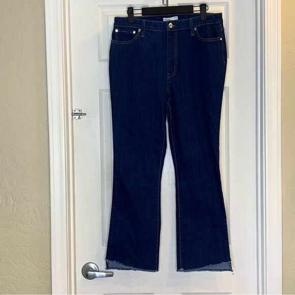 Nine West Kick Flare Dark Denim Raw Hem Jeans Size 14 - Picture 1 of 9